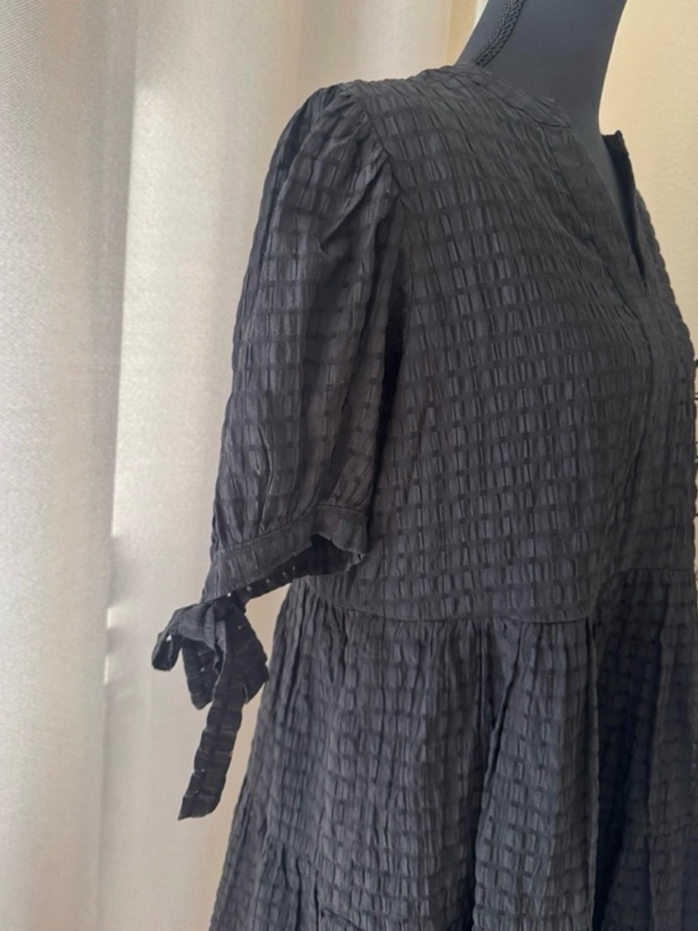 Pinch Mya Black Mini Dress Tie Sleeve Textured Babydoll Size M - Picture 5 of 8